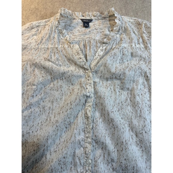 Eddie Bauer Womens Small Short Sleeve Button Up Shirt Ruffle Neck Abstract Print - Picture 4 of 5